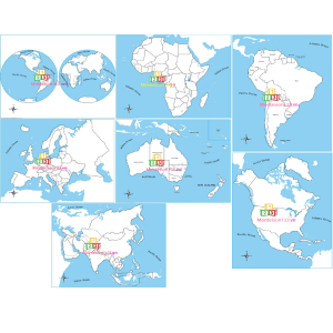 7 bản đồ giấy cán bóng kính không có tên nước (thế giới và 6 châu lục)