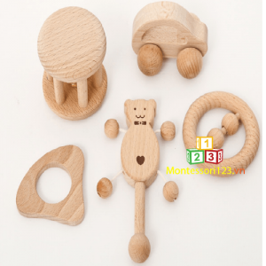 Bộ 5 món đồ chơi bằng gỗ cho trẻ 6-18 tháng tập cầm nắm