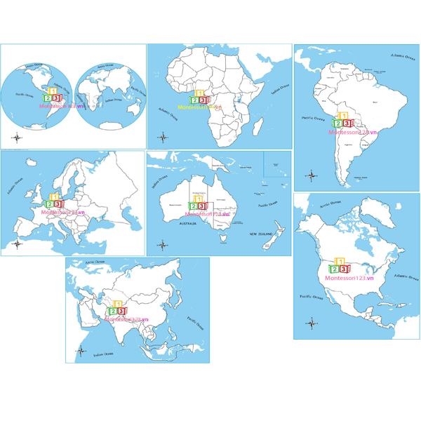 7 bản đồ giấy cán bóng kính có tên nước (thế giới và 6 châu lục)